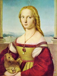 Raffaello Sanzio: “Ritratto di dama con liocorno“ realizzato con tecnica ad olio su tela (riportato su tavola) nel 1505 – 1506, misura 65 x 51 cm. ed è custodito alla Galleria Borghese di Roma.